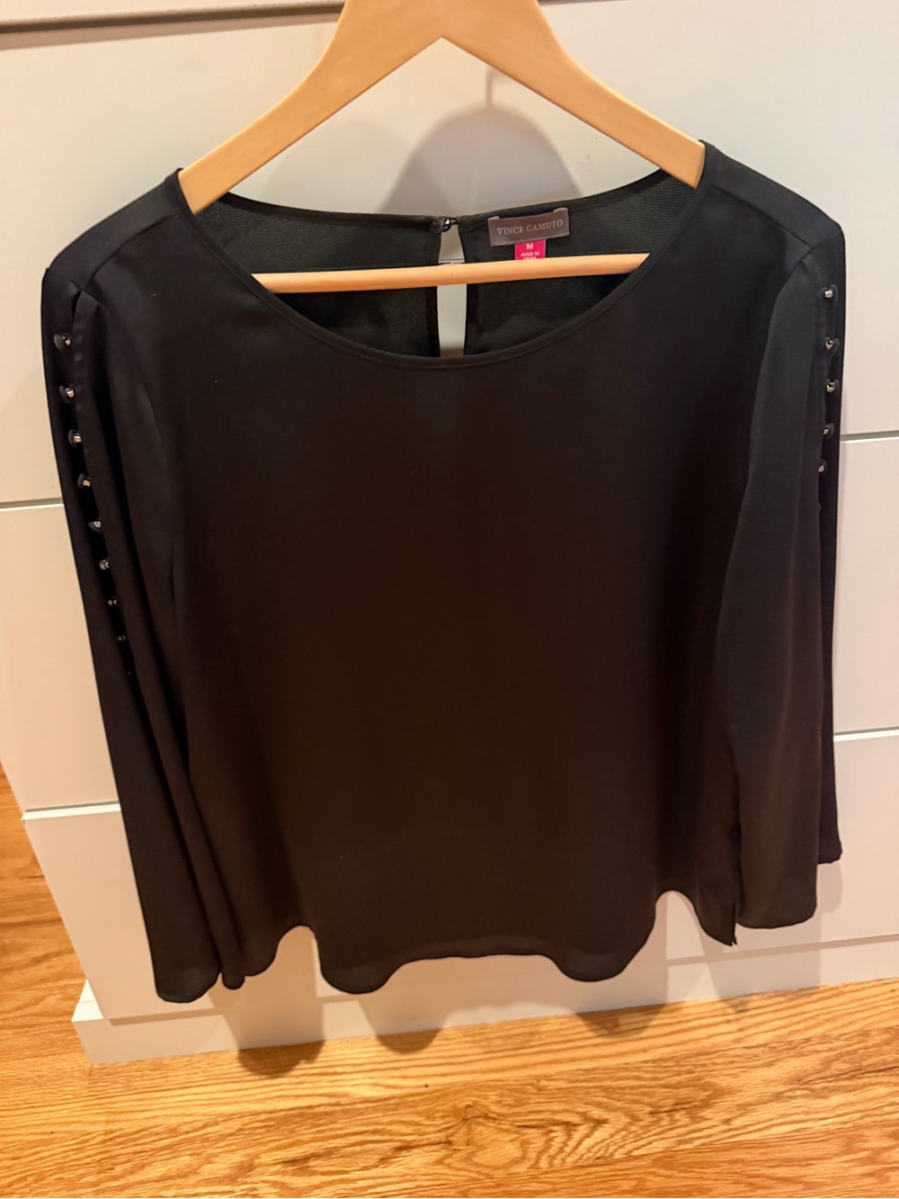 Vince Camuto Black Long-Sleeve Blouse with Stud Button Trim